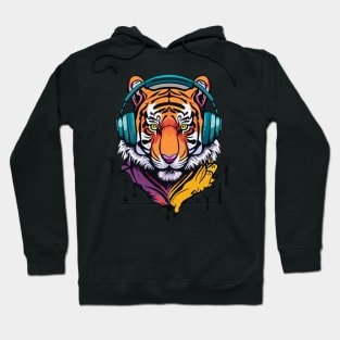 t-shirt design, colorful tiger with headphones on, graffiti art Hoodie